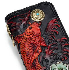 Handmade Leather Tooled Carp Prajna Mens Chain Biker Wallet Cool Leather Wallet Zipper Long Phone Wallets for Men