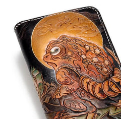 Handmade Leather Mens Clutch Wallet Cool Gold Toad Triped Crow Tooled Wallet Long Zipper Wallets for Men - imessengerbags