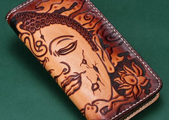 Handmade Leather Mens Clutch Wallet Cool Buddha&Demon Tooled Wallet Long Zipper Wallets for Men - imessengerbags