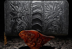 Handmade Leather Mens Tooled Floral Cool Zipper Phone Travel Long Wallet Card Holder Card Slim Clutch Wallets for Men - imessengerbags