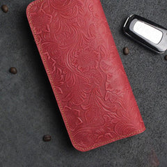 Handmade Leather Floral Mens Cool Travel Long Wallet Card Holder Card Slim Clutch Wallets for Men - imessengerbags