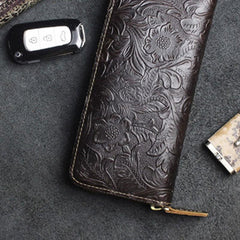 Handmade Leather Floral Mens Cool Travel Long Wallet Card Holder Card Slim Clutch Wallets for Men - imessengerbags