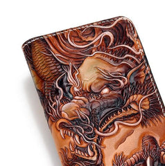 Handmade Leather Tooled Chinese Dragon Tiger Mens Chain Biker Wallet Cool Leather Wallet Zipper Long Phone Wallets for Men