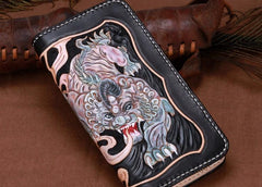 Handmade Leather Mens Clutch Wallet Cool Pixiu Tooled Wallet Long Zipper Wallets for Men - imessengerbags