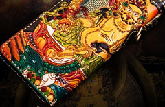 Handmade Leather Tooled Yellow Jambhala Mens Chain Biker Wallet Cool Leather Wallet Zipper Long Phone Wallets for Men - imessengerbags
