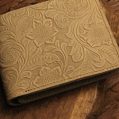 Handmade Leather Floral Mens Cool Slim Leather Wallet Men billfold Wallets Bifold for Men - imessengerbags