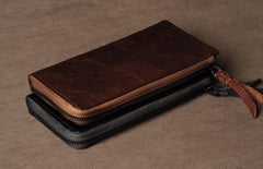 Genuine Leather Mens Cool Long Leather Wallet Cards Phone Zipper Clutch Wristlet Wallet for Men - imessengerbags
