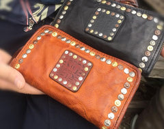 Genuine Leather Mens Cool Long Leather Wallet Biker Wallet Zipper Clutch Wallet for Men - imessengerbags