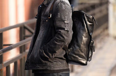 Genuine Leather Mens Cool Backpack Sling Bag Large Black Travel Bag Hiking Bag for men