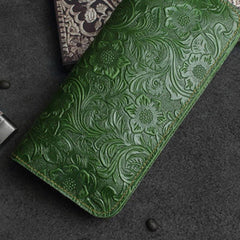 Handmade Leather Floral Mens Cool Travel Long Wallet Card Holder Card Slim Clutch Wallets for Men - imessengerbags