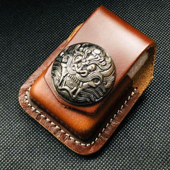 Brown Handmade Leather Mens Chinese Lion Zippo Lighter Holders Lighter Case For Men