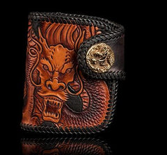Handmade Leather Tooled Chinese Dragon Biker Wallet Mens Cool Short Chain Wallet Trucker Wallet with Chain - imessengerbags