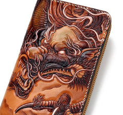 Handmade Leather Tooled Chinese Dragon Tiger Mens Chain Biker Wallet Cool Leather Wallet Zipper Long Phone Wallets for Men