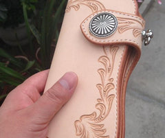 Handmade Leather Biker Wallet Tooled Floral Mens Cool Chain Wallet Trucker Wallet with Chain