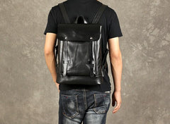 Genuine Leather Mens Cool Backpack Sling Bag Large Black Travel Bag Hiking Bag for men