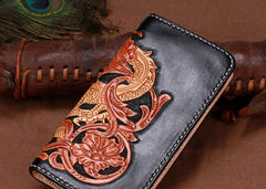 Handmade Leather Mens Clutch Wallet Cool Chinese Dragon Tooled Wallet Long Zipper Wallets for Men - imessengerbags