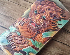 Handmade Leather Chinese Lion Tooled Mens Long Wallet Cool Leather Wallet Clutch Wallet for Men - imessengerbags
