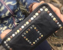 Genuine Leather Mens Cool Long Leather Wallet Biker Wallet Zipper Clutch Wallet for Men - imessengerbags