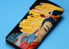 Handmade Leather Quan yin Buddha Mens Chain Biker Wallet Cool Leather Wallet With Chain Wallets for Men - imessengerbags