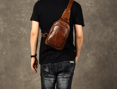 Genuine Leather Mens Cool Chest Bag Sling Bag Crossbody Bag Travel Bag Hiking Bag for men