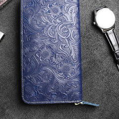 Handmade Leather Floral Mens Cool Travel Long Wallet Card Holder Card Slim Clutch Wallets for Men - imessengerbags