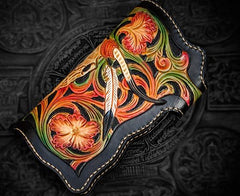 Handmade Leather Black Mens Tooled Skull Chain Biker Wallet Cool Leather Wallet Long Clutch Wallets for Men - imessengerbags