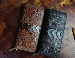 Handmade Leather Floral Mens Cool Zipper Phone Travel Long Wallet Card Holder Card Slim Clutch Wallets for Men - imessengerbags