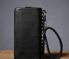 Genuine Leather Mens Cool Biker Chain Wallet Long Leather Wallet Clutch Wristlet Wallet for Men - imessengerbags