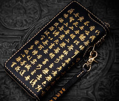 Handmade Leather Mens Chain Chinese Handwriting Biker Wallet Cool Leather Wallet Long Phone Wallets for Men