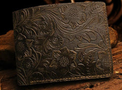 Handmade Leather Floral Mens Cool Slim Leather Wallet Men billfold Wallets Bifold for Men - imessengerbags