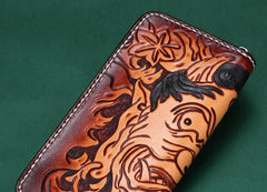 Handmade Leather Mens Clutch Wallet Cool Buddha&Demon Tooled Wallet Long Zipper Wallets for Men - imessengerbags