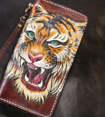 Handmade Leather Tiger Tooled Mens Chain Biker Wallet Cool Leather Wallet Long Phone Wallets for Men