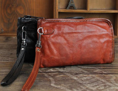 Genuine Leather Mens Cool Long Leather Wallet Cards Phone Zipper Clutch Wristlet Wallet for Men - imessengerbags