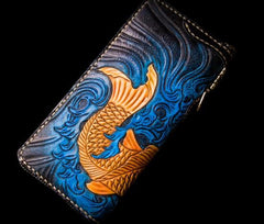 Handmade Leather Men Tooled Carp Cool Leather Wallet Long Phone Wallets for Men - imessengerbags