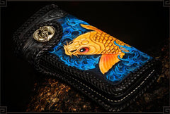 Handmade Leather Tooled Carp Mens Chain Biker Wallet Cool Leather Wallet Long Phone Wallets for Men - imessengerbags