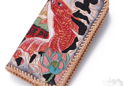 Handmade Leather Mens Clutch Wallet Cool Carp Tooled Wallet Long Zipper Wallets for Men - imessengerbags
