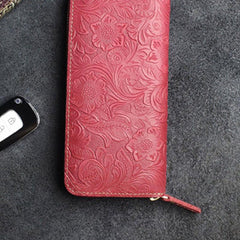 Handmade Leather Floral Mens Cool Travel Long Wallet Card Holder Card Slim Clutch Wallets for Men - imessengerbags