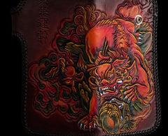 Handmade Leather Chinese Lion Mens Chain Biker Wallet Cool Leather Wallet With Chain Wallets for Men