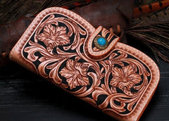 Handmade Leather Tooled Floral Mens Clutch Wallet Cool Wallet Long Wallets for Men Women - imessengerbags