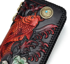 Handmade Leather Tooled Carp Prajna Mens Chain Biker Wallet Cool Leather Wallet Zipper Long Phone Wallets for Men - imessengerbags