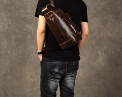 Genuine Leather Mens Cool Chest Bag Sling Bag Crossbody Bag Travel Bag Hiking Bag for men