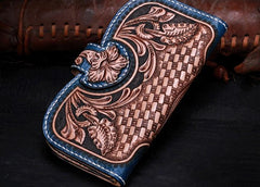 Handmade Leather Tooled Floral Mens Clutch Wallet Cool Wallet Long Wallets for Men Women - imessengerbags