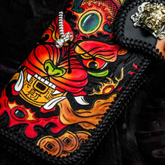 Handmade Leather Monster Mens Chain Biker Wallet Cool Leather Wallet Long Phone Wallets for Men