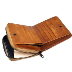 Genuine Leather Mens Cool Zipper Leather Wallet Men Small Wallets Bifold for Men - imessengerbags