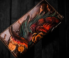 Handmade Leather Tooled Chinese Lion Mens Chain Biker Wallet Cool Leather Wallet Long Phone Wallets for Men - imessengerbags