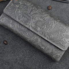 Handmade Leather Floral Mens Cool Travel Long Wallet Card Holder Card Trifold Clutch Wallets for Men - imessengerbags