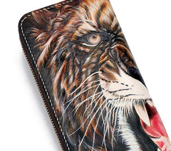 Handmade Leather Tooled Tiger Mens Chain Zipper Biker Wallet Cool Leather Wallet Long Phone Wallets for Men
