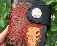 Handmade Leather Tooled Skull Indian Chief Biker Wallet Mens Cool Short Chain Wallet Trucker Wallet with Chain