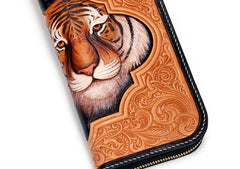 Handmade Leather Mens Clutch Wallet Cool Floral Tiger Tooled Wallet Long Zipper Wallets for Men - imessengerbags