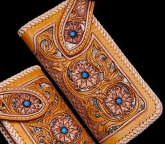 Handmade Mens Cool Tooled Floral Leather Chain Wallet Biker Trucker Wallet with Chain - imessengerbags